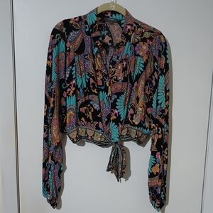 Haute Hippie XS Long Sleeve Cropped Boho Button Front Tie Blouse